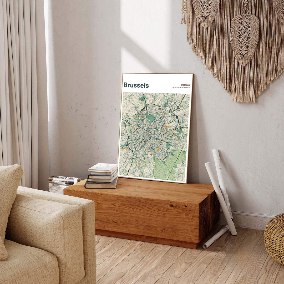 Captivating city street grid print displaying the exact coordinates and avenues of Brussels in Belgium for office walls. Available across multiple options including unframed art paper, custom framed poster styles, and gallery canvas wall displays.