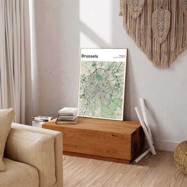 Captivating city street grid print displaying the exact coordinates and avenues of Brussels in Belgium for office walls. Available across multiple options including unframed art paper, custom framed poster styles, and gallery canvas wall displays.