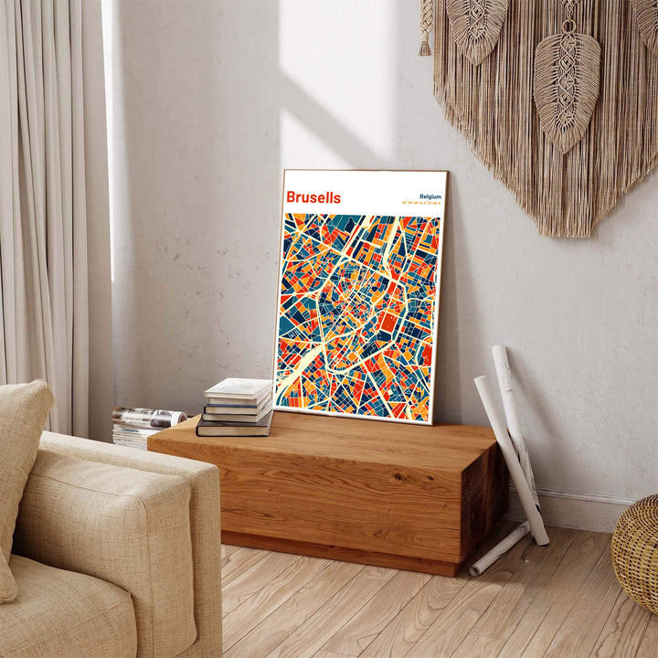 Captivating street grid print displaying the exact coordinates and colorful urban sectors of Brussels in Belgium for office wall decor. Available across multiple options including unframed art paper, custom framed poster styles, and gallery canvas wall displays.