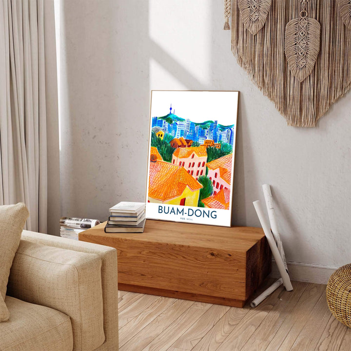 Colorful Buam-dong neighborhood wall art depicting a scenic view across Seoul&