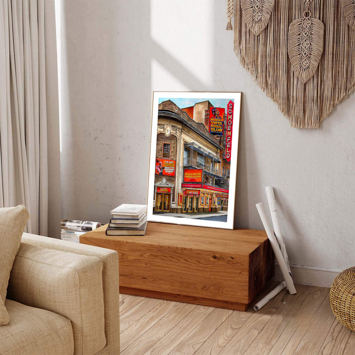 Architectural Broadway venue print of the Gerald Schoenfeld Theatre rendered in rich brick textures and vibrant neon red lighting, produced by MapYourDreams with available product options including fine art unframed paper, stretched canvas, or custom framed decor to elevate home theater setups.