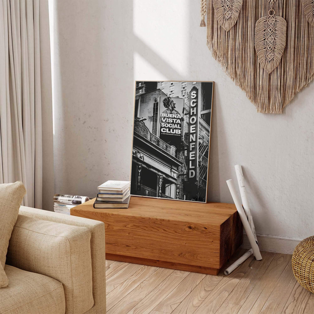 Architectural Broadway venue print of the Gerald Schoenfeld Theatre rendered in high-contrast black and white photography, produced by MapYourDreams with available product options including fine art unframed paper, stretched canvas, or custom framed decor to elevate home theater setups.