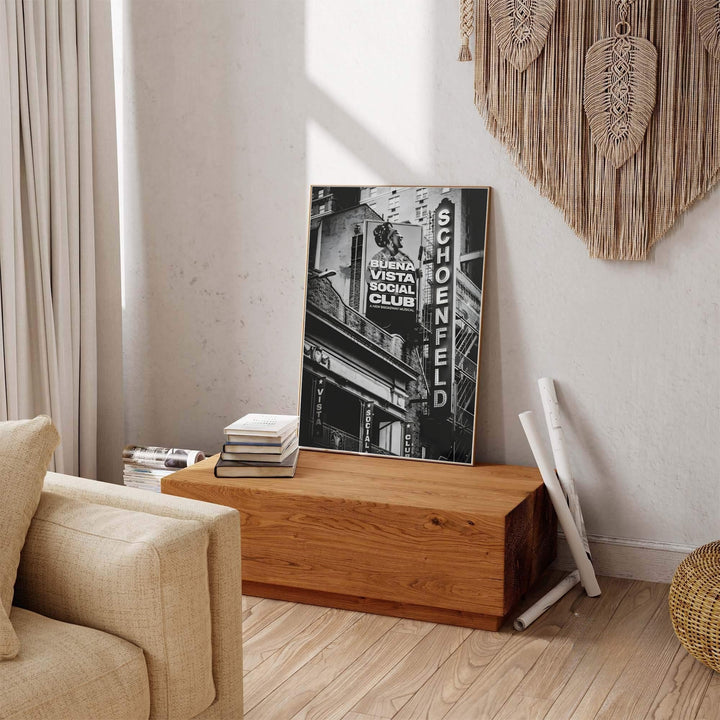 Architectural Broadway venue print of the Gerald Schoenfeld Theatre rendered in high-contrast black and white photography, produced by MapYourDreams with available product options including fine art unframed paper, stretched canvas, or custom framed decor to elevate home theater setups.
