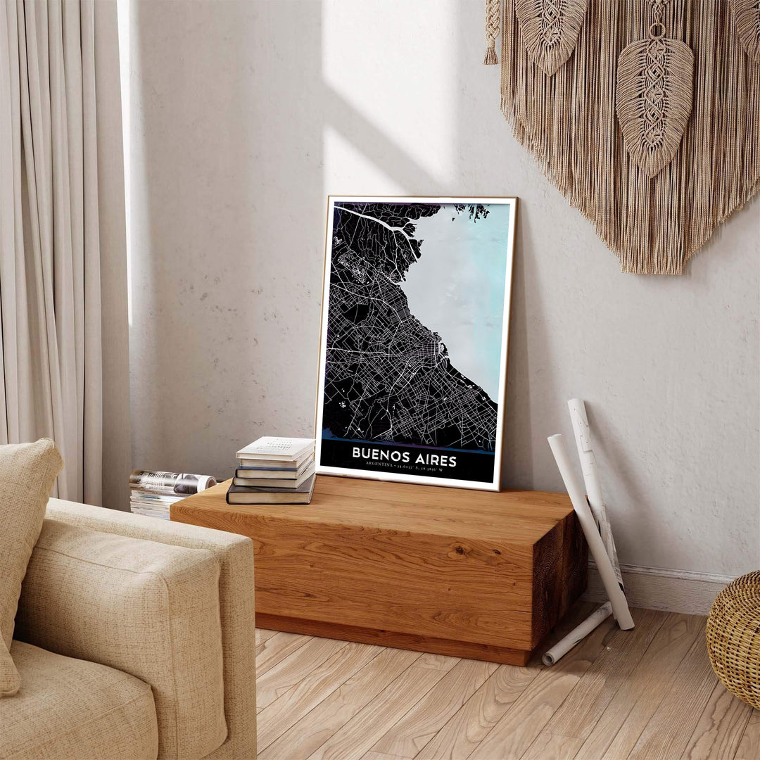 Urban landscape map poster of Buenos Aires detailing transit avenues and coastal waters in black and light blue. Handcrafted by MapYourDreams, customers can select from convenient options like unframed prints, ready-to-hang wooden frames, or gallery canvas wraps.