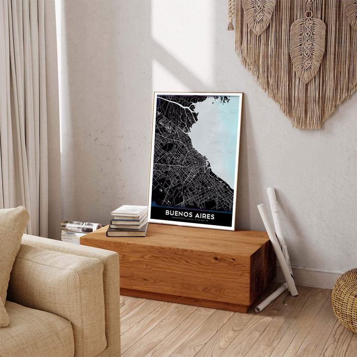 Urban landscape map poster of Buenos Aires detailing transit avenues and coastal waters in black and light blue. Handcrafted by MapYourDreams, customers can select from convenient options like unframed prints, ready-to-hang wooden frames, or gallery canvas wraps.