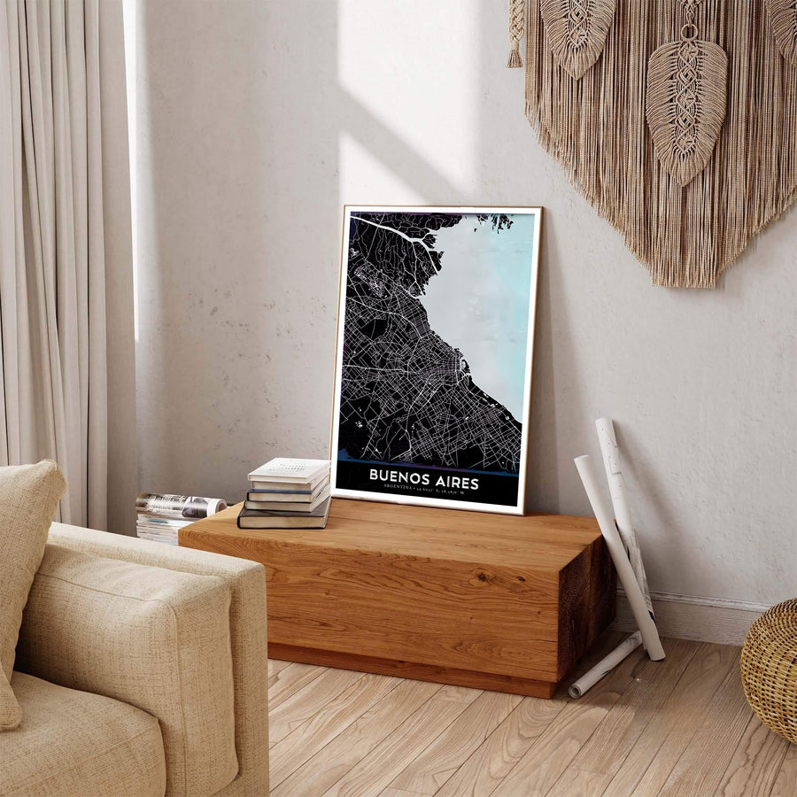 Urban landscape map poster of Buenos Aires detailing transit avenues and coastal waters in black and light blue. Handcrafted by MapYourDreams, customers can select from convenient options like unframed prints, ready-to-hang wooden frames, or gallery canvas wraps.