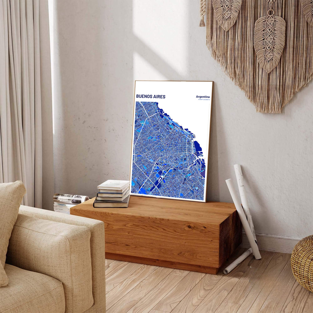 Fine art cartography print of Buenos Aires showing street grids and coastal contours in rich cobalt and indigo shades. Available through MapYourDreams, this print accommodates various display preferences, including unframed art paper, framed prints, or stretched canvas wraps.