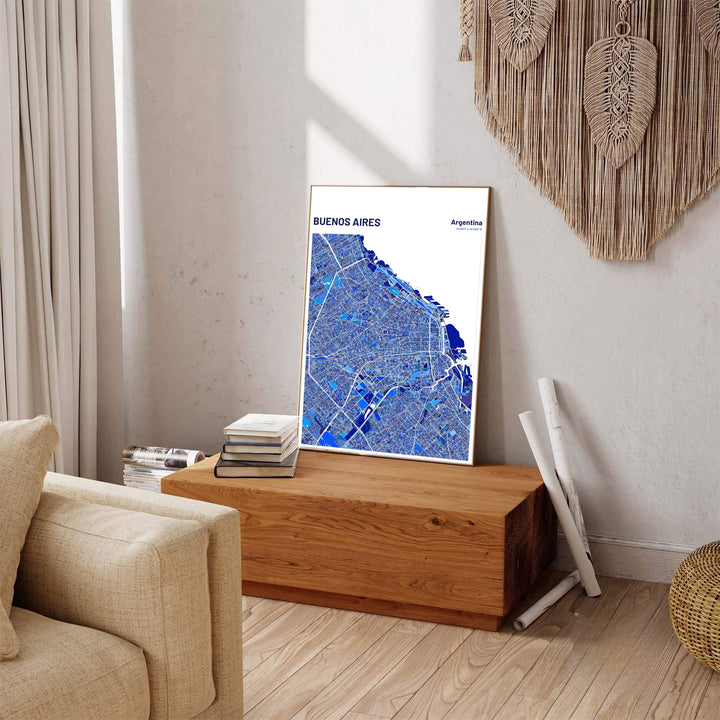 Fine art cartography print of Buenos Aires showing street grids and coastal contours in rich cobalt and indigo shades. Available through MapYourDreams, this print accommodates various display preferences, including unframed art paper, framed prints, or stretched canvas wraps.