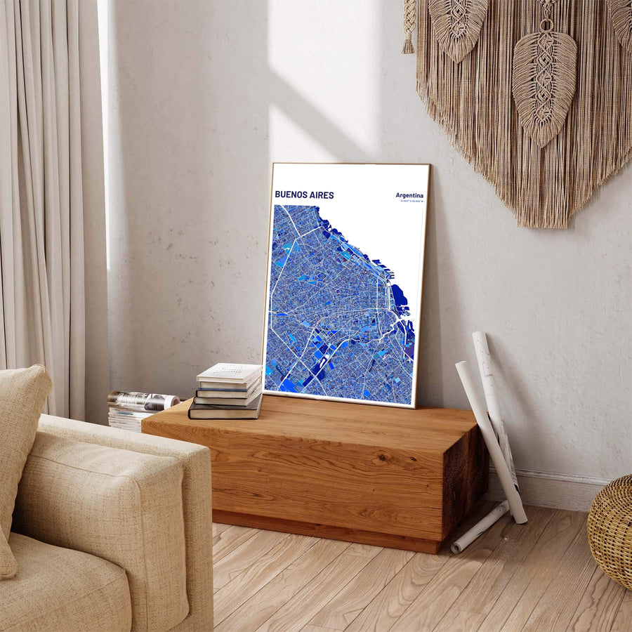 Fine art cartography print of Buenos Aires showing street grids and coastal contours in rich cobalt and indigo shades. Available through MapYourDreams, this print accommodates various display preferences, including unframed art paper, framed prints, or stretched canvas wraps.