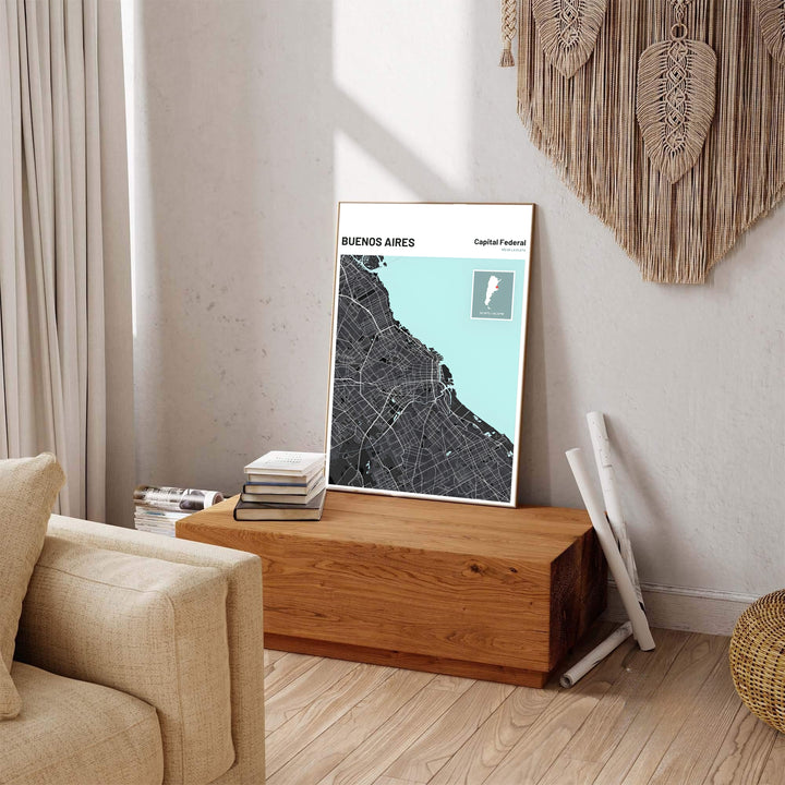 Urban landscape map poster of Buenos Aires detailing transit avenues and coastal waters in charcoal and soft mint. Handcrafted by MapYourDreams, customers can select from convenient options like unframed prints, ready-to-hang wooden frames, or gallery canvas wraps.