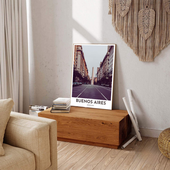 Elegant city avenue photo print of El Obelisco in Argentina showing warm sunlight filtering over historic Neoclassical building facades. Available through MapYourDreams, this print accommodates various display preferences, including unframed art paper, framed prints, or canvas wraps.