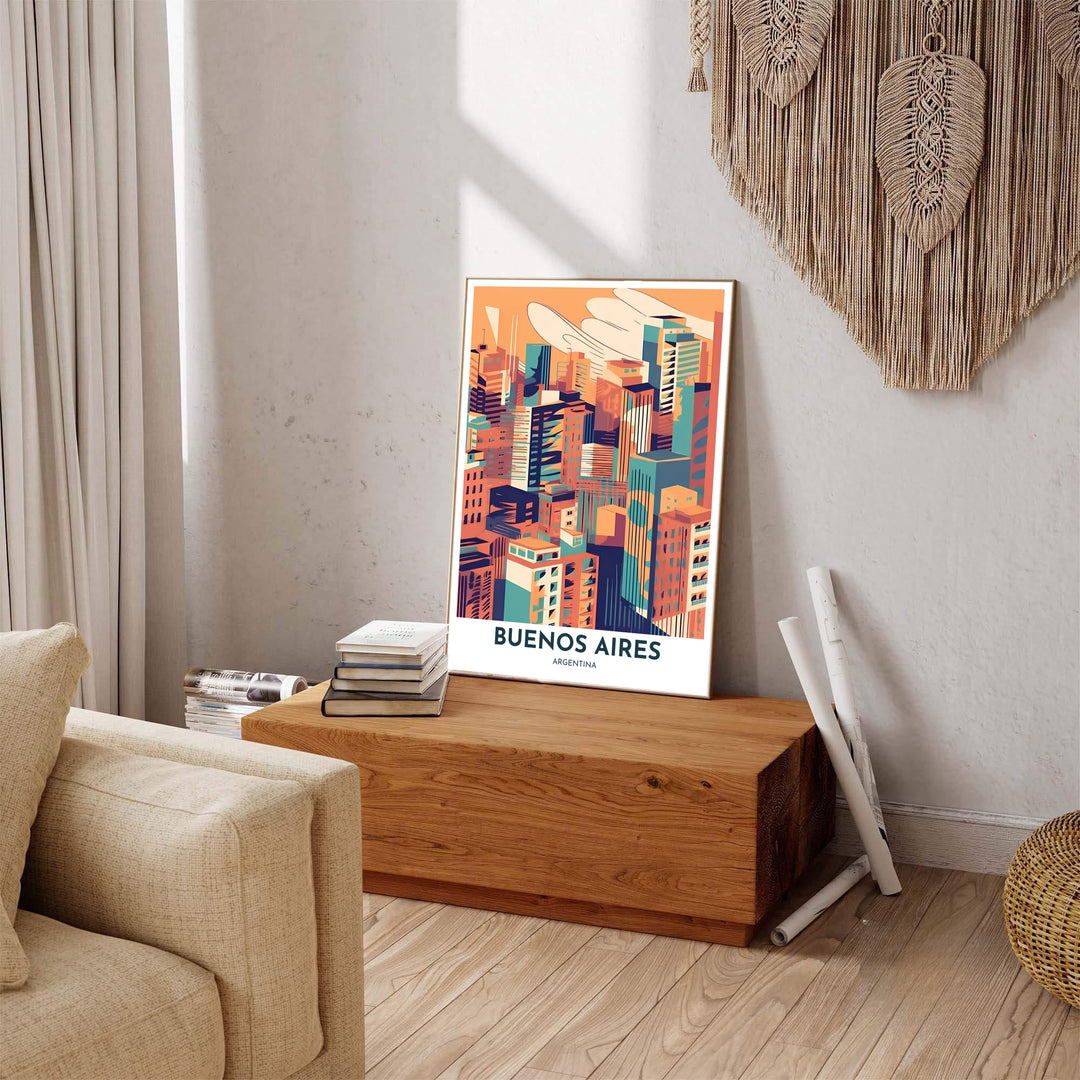 Elegant architectural print of the Buenos Aires cityscape featuring peach, orange, turquoise, and midnight blue tones. Available through MapYourDreams, this print accommodates various display preferences, including unframed art paper, framed prints, or canvas wraps.