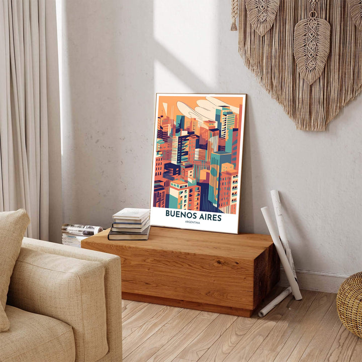 Elegant architectural print of the Buenos Aires cityscape featuring peach, orange, turquoise, and midnight blue tones. Available through MapYourDreams, this print accommodates various display preferences, including unframed art paper, framed prints, or canvas wraps.