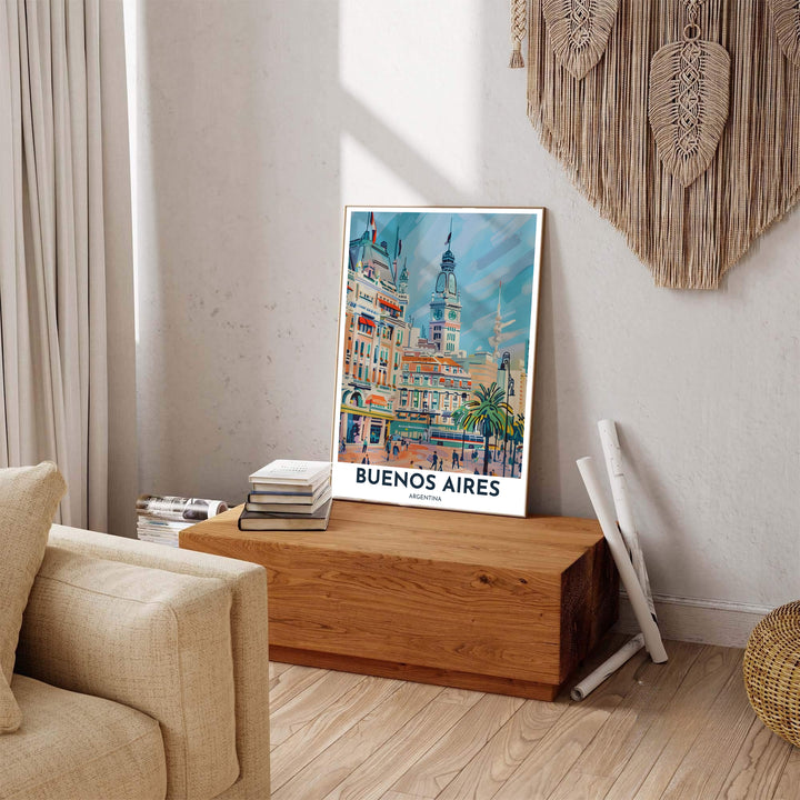 Fine art cityscape print featuring soft peach, mint, and sky blue hues depicting street life in central Buenos Aires. Available through MapYourDreams, this print accommodates various display preferences, including unframed art paper, framed prints, or canvas wraps.