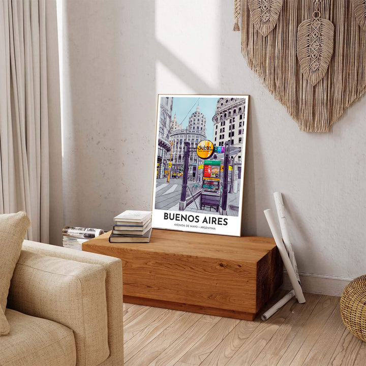 Fine art watercolor print showcasing the Avenida de Mayo Subte entrance stairs, street lamps, and majestic building domes. Available through MapYourDreams, this print accommodates various display preferences, including unframed art paper, framed prints, or canvas wraps.