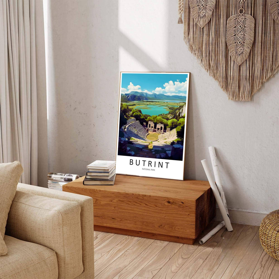 Mediterranean-inspired Albania travel art print featuring the ancient theater of Butrint, ideal for gallery wall arrangements and dining room walls. Offered by MapYourDreams, this artwork is available in flexible options including unframed paper, custom wooden frames, and gallery canvas wraps.