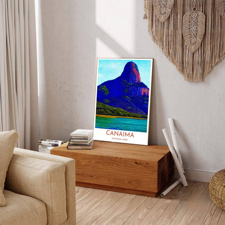 Beautiful South American landmark wall decor displaying the electric blue tepui peak and turquoise river of Canaima National Park. Available through MapYourDreams, this print accommodates various display preferences, including unframed art paper, framed prints, or canvas wraps.