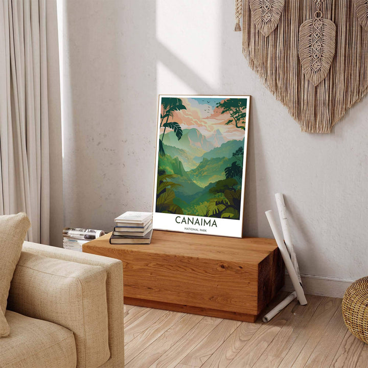 Beautiful South American landmark wall decor displaying the misty green valley and palm tree framing of Canaima National Park. Available through MapYourDreams, this print accommodates various display preferences, including unframed art paper, framed prints, or canvas wraps.