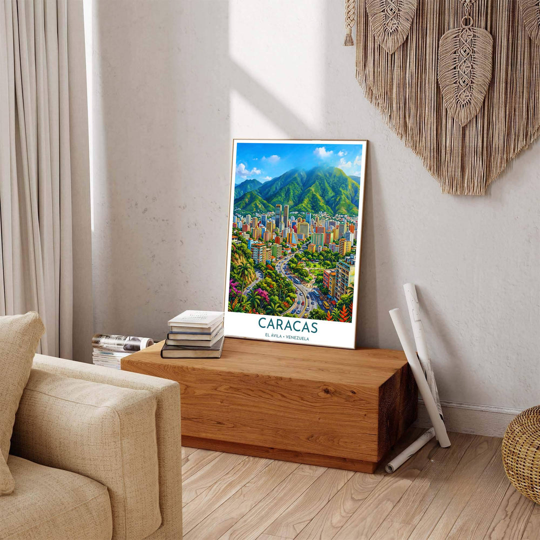 Beautiful Venezuelan landmark wall decor displaying the towering peaks of Mount El Ávila and the colorful valley cityscape. Available through MapYourDreams, this print accommodates various display preferences, including unframed art paper, framed prints, or canvas wraps.