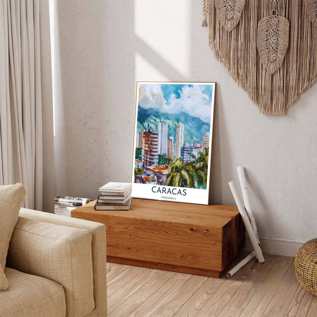 Beautiful South American landmark wall decor displaying the painterly high-rises and misty blue peak of El Ávila in Caracas. Available through MapYourDreams, this print accommodates various display preferences, including unframed art paper, framed prints, or canvas wraps.
