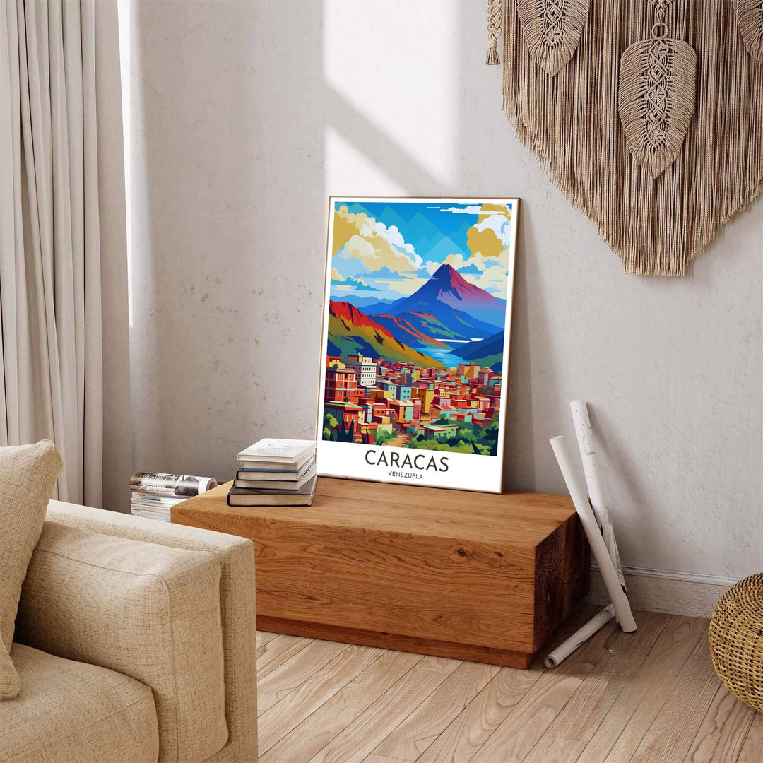 Beautiful South American landmark wall decor displaying the sharp red and violet peak of Mount El Ávila in Caracas. Available through MapYourDreams, this print accommodates various display preferences, including unframed art paper, framed prints, or canvas wraps.