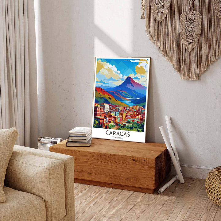 Beautiful South American landmark wall decor displaying the sharp red and violet peak of Mount El Ávila in Caracas. Available through MapYourDreams, this print accommodates various display preferences, including unframed art paper, framed prints, or canvas wraps.