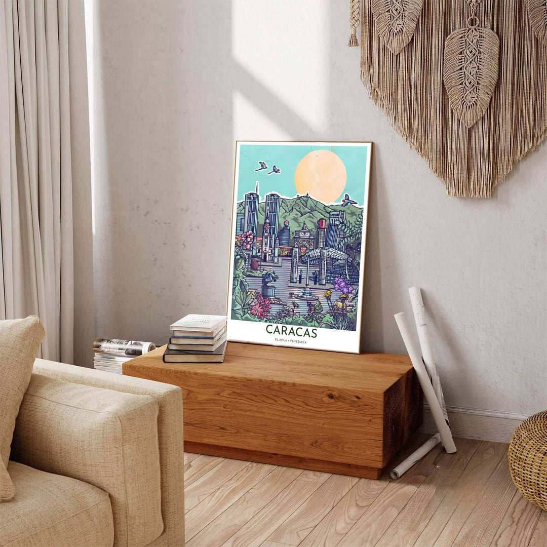 Beautiful South American landmark wall decor displaying the detailed towers and green mountain backdrop of Caracas. Available through MapYourDreams, this print accommodates various display preferences, including unframed art paper, framed prints, or canvas wraps.
