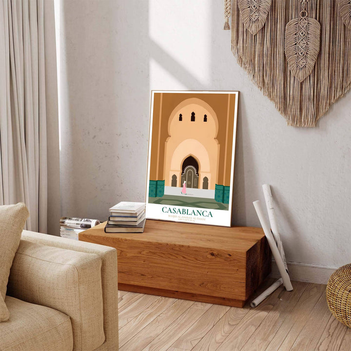 Scenic Casablanca Morocco poster displaying Hassan II Mosque artwork with bold title text and subtitle reading Masjid Al-Hassan Al-Thani. Offered by MapYourDreams, this artwork is available in flexible options including unframed paper, custom wooden frames, and gallery canvas wraps to enhance any wall space.