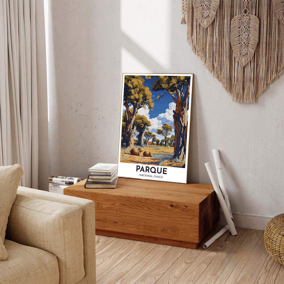 Serene capybara landscape wall art featuring golden canopy foliage, blue skies, and quiet water reflections. Available through MapYourDreams, this print accommodates various display preferences, including unframed art paper, framed prints, or canvas wraps.