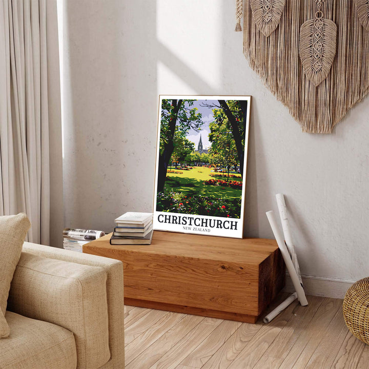Vintage travel poster aesthetics with rich garden greenery shine in this Christchurch Botanic Gardens print. MapYourDreams presents professional framed, unframed, and canvas options for wall art decor.