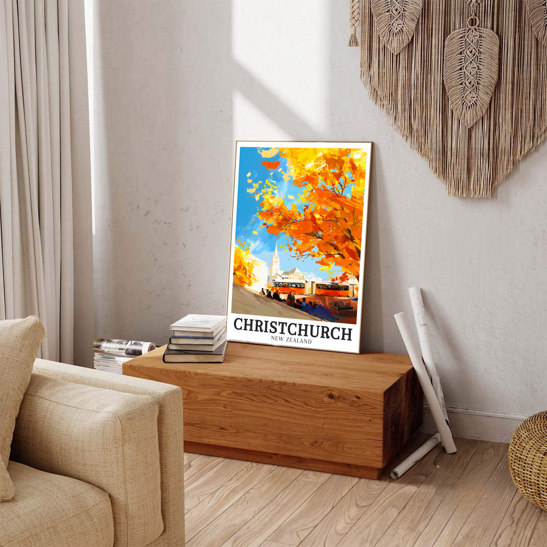 Retro travel poster aesthetics with vibrant autumn leaves shine in this Christchurch Heritage Trams print. MapYourDreams presents quality framed, unframed, and canvas options for room decor.
