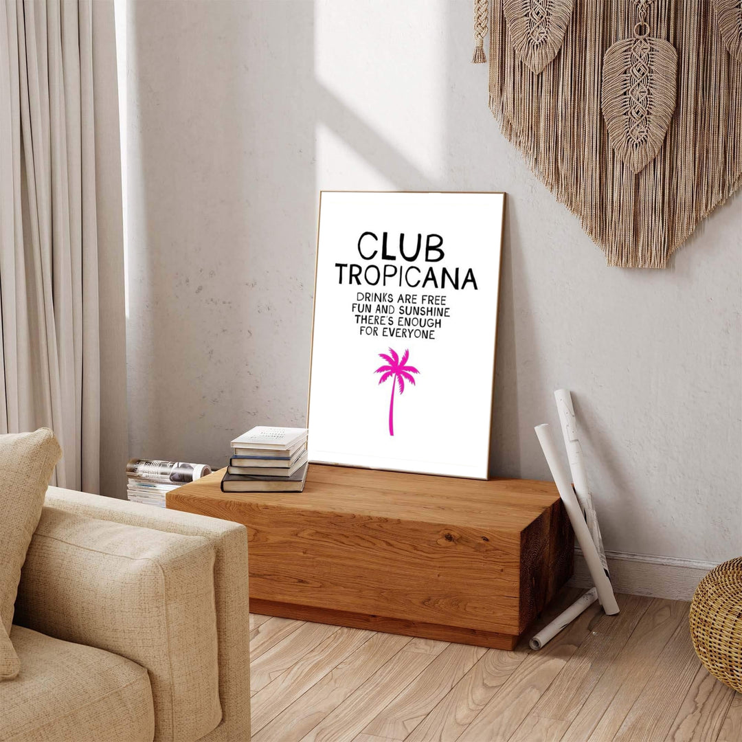 Energetic summer music poster showcasing "Drinks are free" typography and a pink palm icon for Club Tropicana, produced by MapYourDreams with available product options including fine art unframed paper, gallery canvas, or custom framed decor for dining areas.