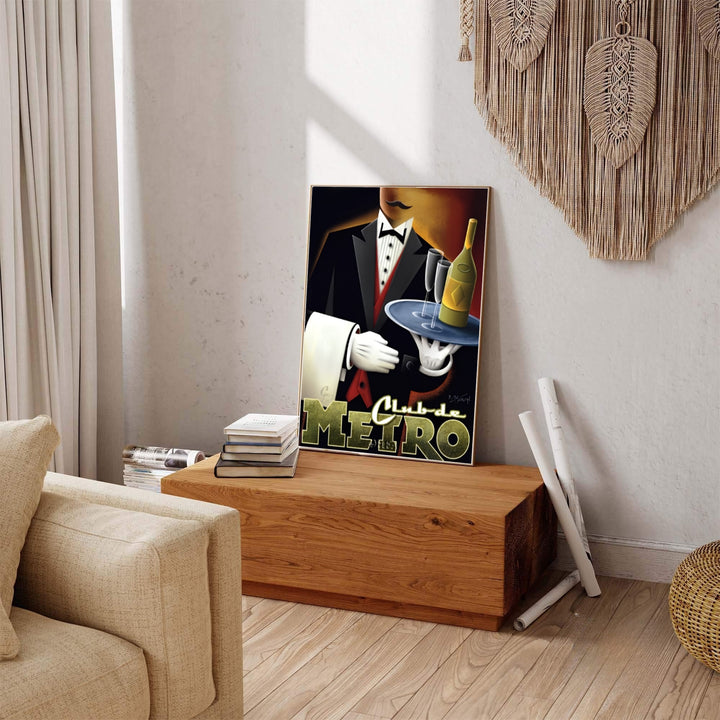 Nostalgic cabaret venue print of Club de Metro rendered in dramatic contrast lighting and rich gold typography, produced by MapYourDreams with available product options including fine art unframed paper, stretched canvas, or custom framed decor to elevate home bar setups.
