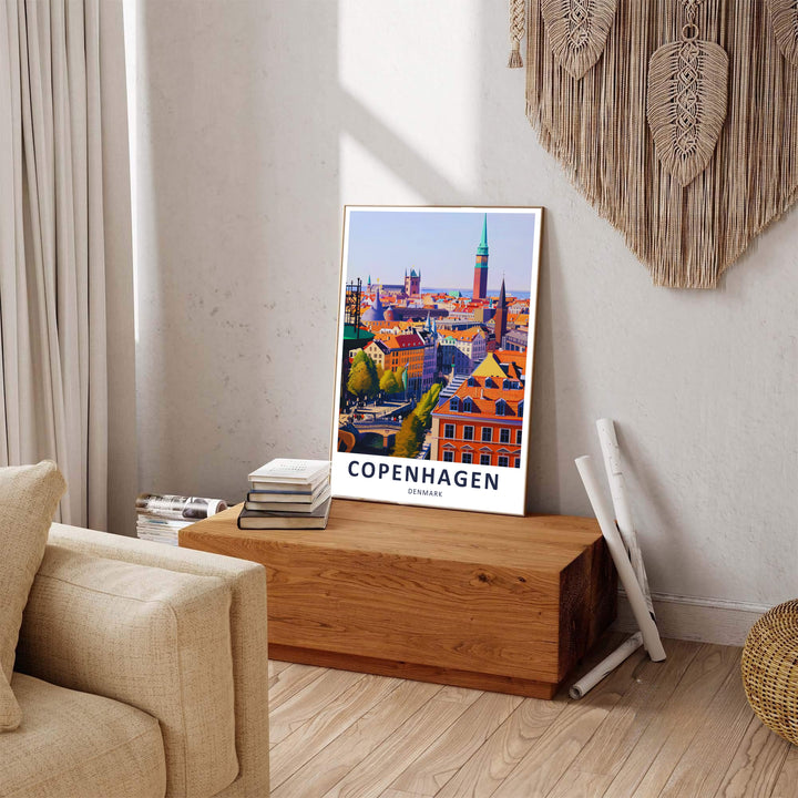 Copenhagen Round Tower and City Hall artwork printed in vivid teal, mustard, and terracotta tones. Offered by MapYourDreams, this artwork is available in flexible options including unframed paper, custom wooden frames, and gallery canvas wraps.