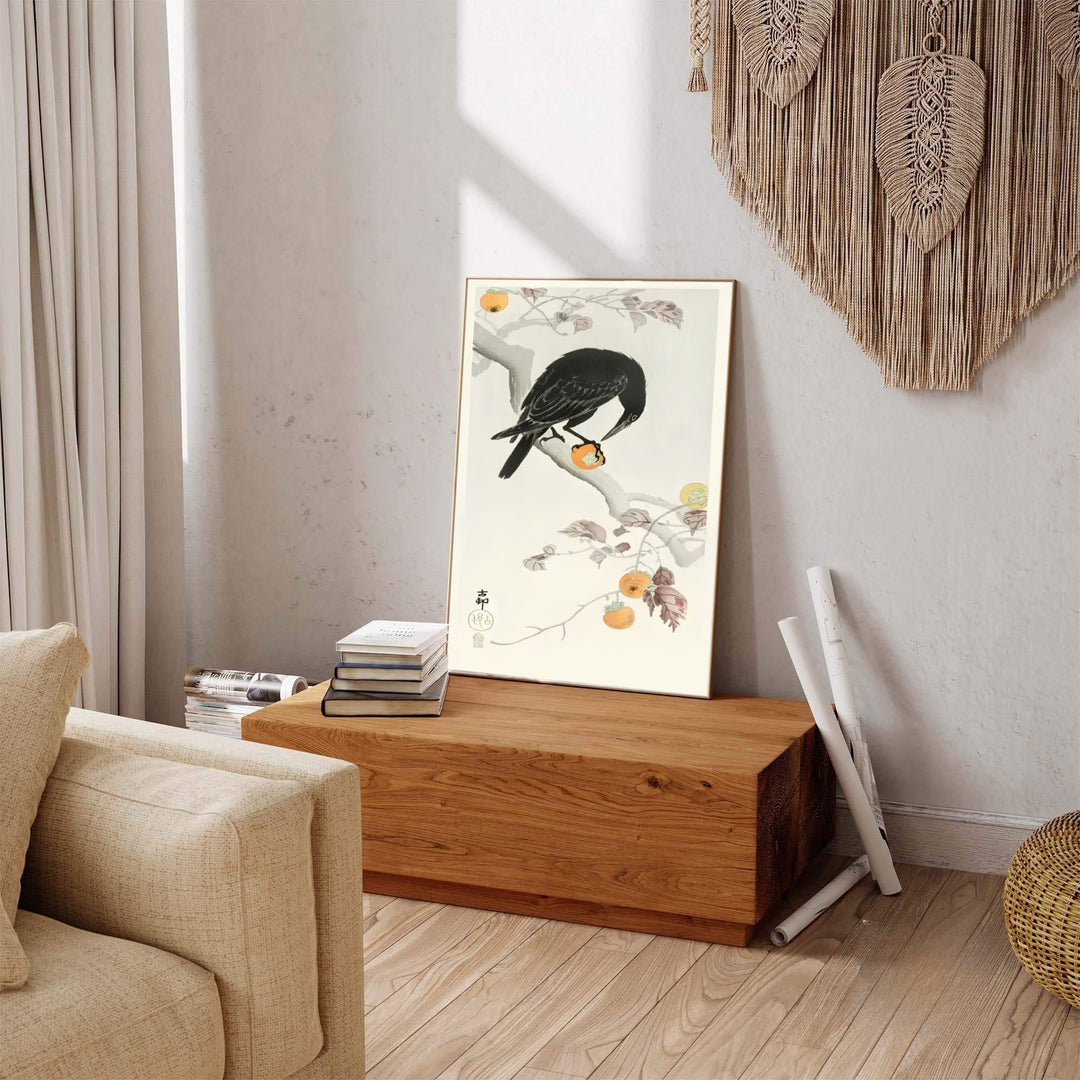 Traditional 1900 1910 Japanese woodblock crow print displaying orange persimmons from historic Kanazawa ateliers. MapYourDreams provides premium framed, unframed, and canvas prints.