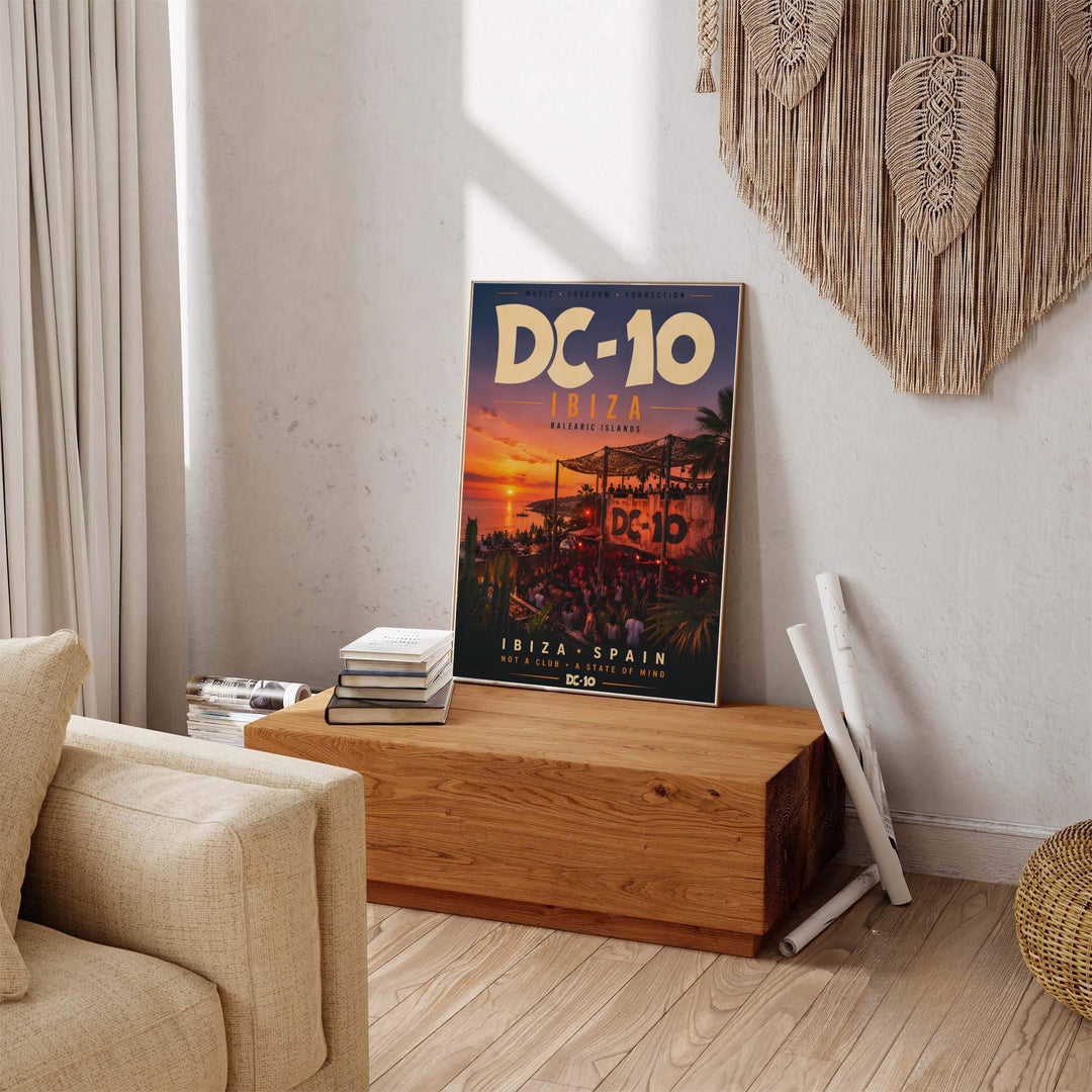 Retro oceanfront venue wall art with warm amber tones and Palm silhouette at DC-10 in Ibiza, Spain, presented by MapYourDreams with choices for unframed prints, museum wrapped canvas, or custom frame finishes in black, white, pure gold, and retro black.