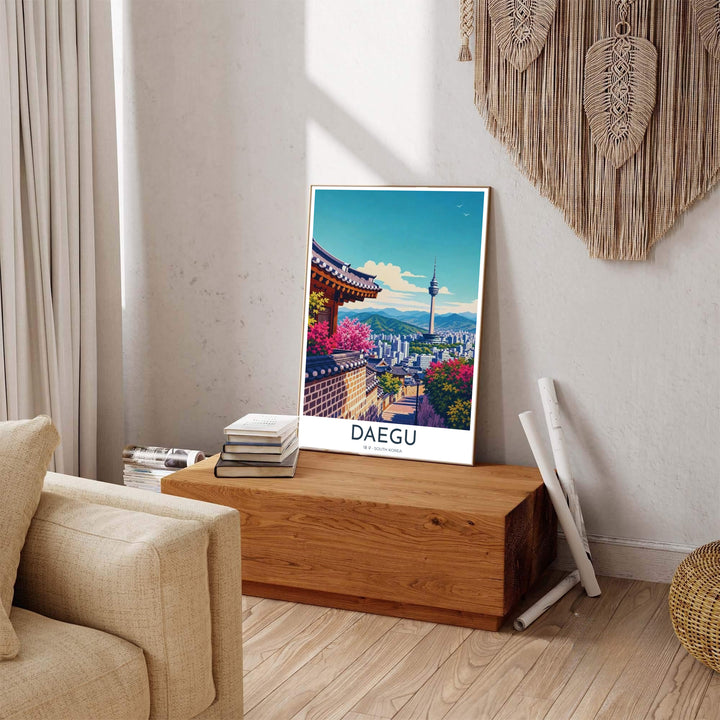 Colorful Asian travel poster of Daegu, South Korea, displaying an elevated viewpoint over urban high-rises and historic temples toward 83 Tower and Palgongsan mountain. Offered by MapYourDreams, this artwork is available in flexible options including unframed paper, custom wooden frames, and gallery canvas wraps.