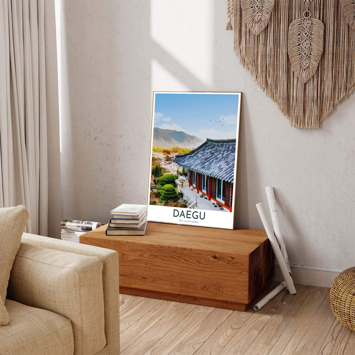 Colorful Asian travel print of Donghwasa Temple in Daegu, South Korea, displaying an elevated viewpoint over traditional temple verandahs and majestic mountain ranges. Offered by MapYourDreams, this artwork is available in flexible options including unframed paper, custom wooden frames, and gallery canvas wraps.