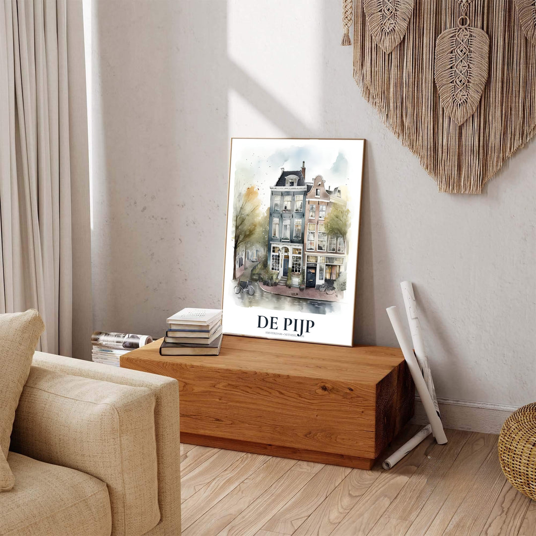 Fine art watercolor poster combining slate blue gabled facades with delicate tree branches in De Pijp Amsterdam, created by MapYourDreams with selections including fine art unframed paper prints, gallery stretched canvas art, or custom frame choices for dramatic wall decor.