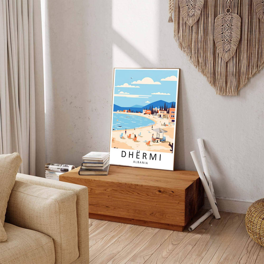 Mediterranean-inspired Albania travel art print featuring the beach of Dhërmi, ideal for gallery wall arrangements and coastal dining room walls. Offered by MapYourDreams, this artwork is available in flexible options including unframed paper, custom wooden frames, and gallery canvas wraps.