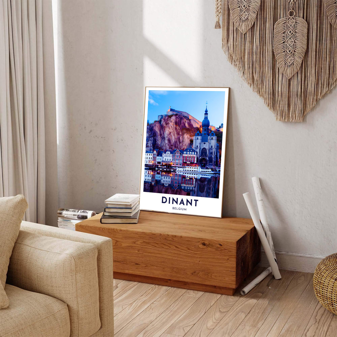 Captivating dusk photography print featuring the illuminated Citadel perched above Dinant, Belgium. Available across multiple options including unframed art paper, custom framed poster styles, and gallery canvas wall displays.