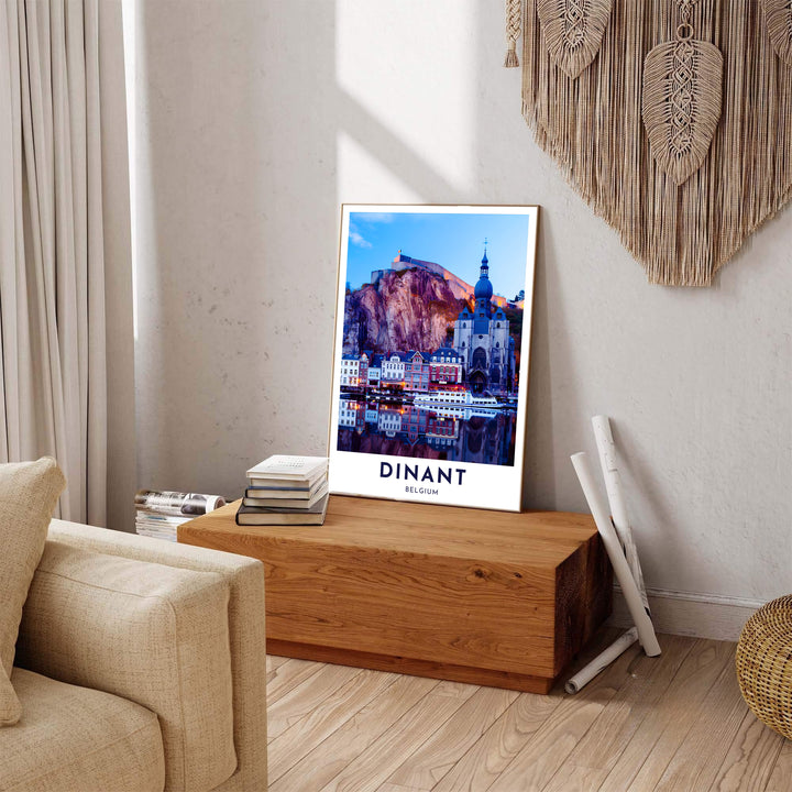 Captivating dusk photography print featuring the illuminated Citadel perched above Dinant, Belgium. Available across multiple options including unframed art paper, custom framed poster styles, and gallery canvas wall displays.