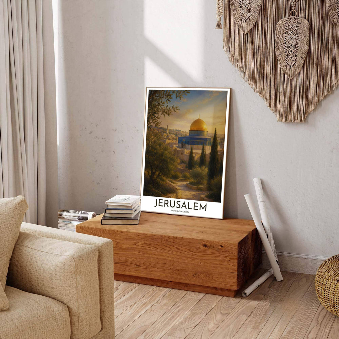 Scenic Jerusalem travel poster displaying Dome of the Rock landscape artwork with sleek title text at the bottom. Offered by MapYourDreams, this artwork is available in flexible options including unframed paper, custom wooden frames, and gallery canvas wraps to enhance any wall space.