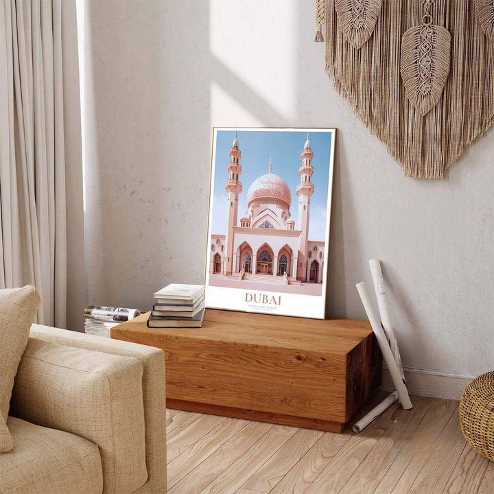 Scenic Dubai UAE poster displaying Jumeirah Mosque artwork with sleek title text reading DUBAI at the bottom. Offered by MapYourDreams, this artwork is available in flexible options including unframed paper, custom wooden frames, and gallery canvas wraps to enhance any wall space.