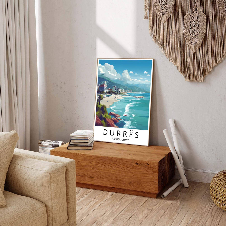 Coastal greenery and warm rocks line the edge of Durrës Beach, where crystal sea waters mirror the bright blue skies of the Adriatic. Offered by MapYourDreams in tailored options including unframed paper, framed presentations, and canvas wraps.