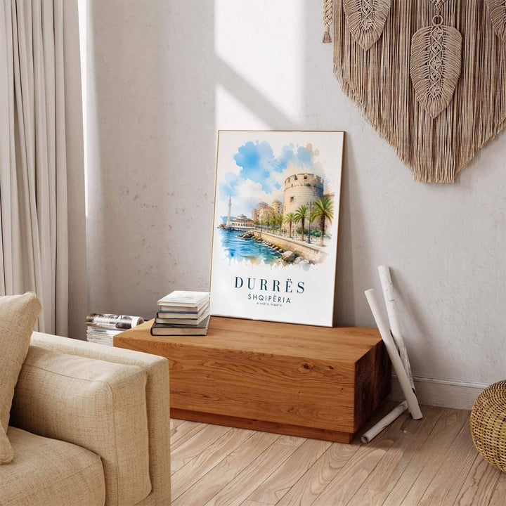 Coastal palm fronds and stone masonry line the edge of Durrës Promenade, where turquoise sea waters mirror soft watercolor skies. Offered by MapYourDreams in tailored options including unframed paper, framed presentations, and canvas wraps.