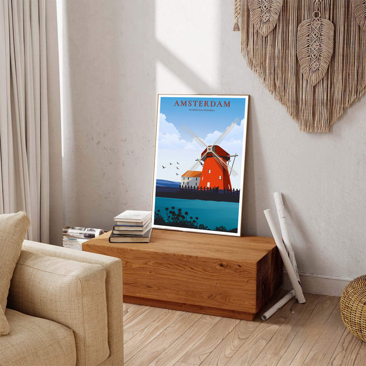 Rustic Dutch countryside print of an iconic red windmill rendered in clean retro graphic lines, produced by MapYourDreams with available product options including fine art unframed paper, stretched canvas, or custom framed decor to suit cheerful, colorful residential wall spaces.