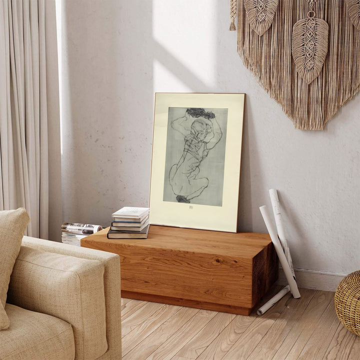 Historic Viennese Secession fine art study of Egon Schiele Crouching Female Nude 1914 in Leopold Museum Vienna with distinct etching line work. Explore ready-to-hang framed wall art, unframed paper poster prints, and gallery canvas decor available directly from MapYourDreams online store today.