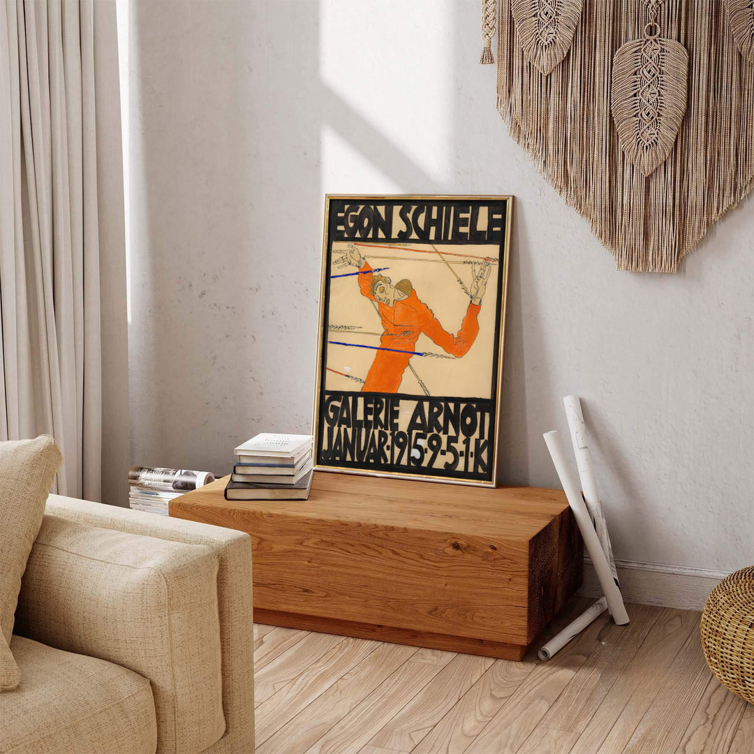 Fine art giclée exhibition poster of Egon Schiele Galerie Arnot 1915 preserved in Galerie Arnot Vienna with vibrant orange and black letter hues. MapYourDreams offers versatile framed wall art, unframed poster prints, and stretched canvas choices for complete room decoration projects.