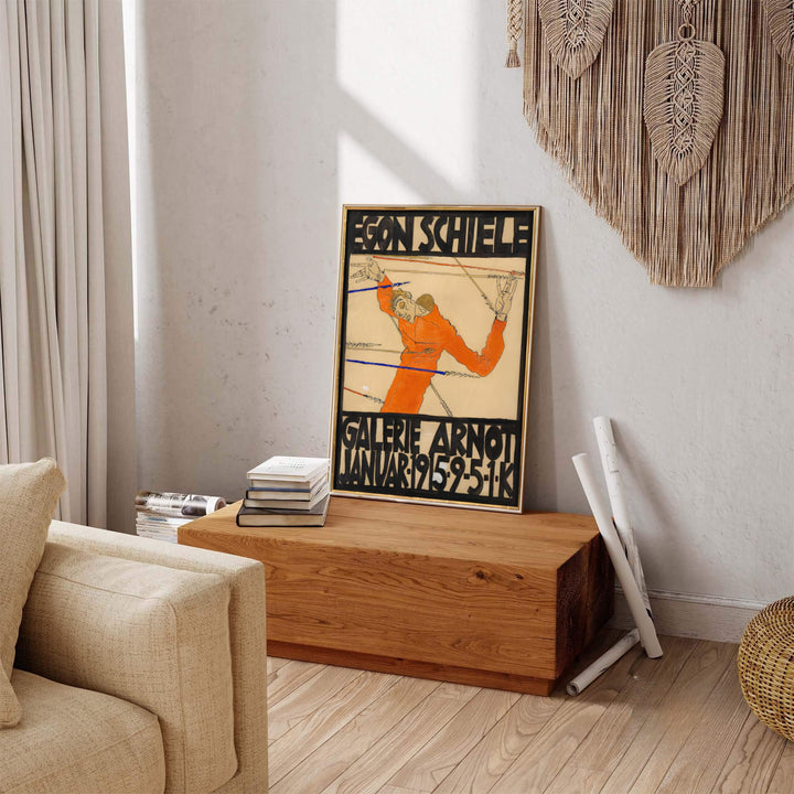 Fine art giclée exhibition poster of Egon Schiele Galerie Arnot 1915 preserved in Galerie Arnot Vienna with vibrant orange and black letter hues. MapYourDreams offers versatile framed wall art, unframed poster prints, and stretched canvas choices for complete room decoration projects.